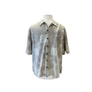 Jamaica Jaxx Button Up Shirt Men’s Size Medium Tan Silk Palm Tree Hawaiian Beach